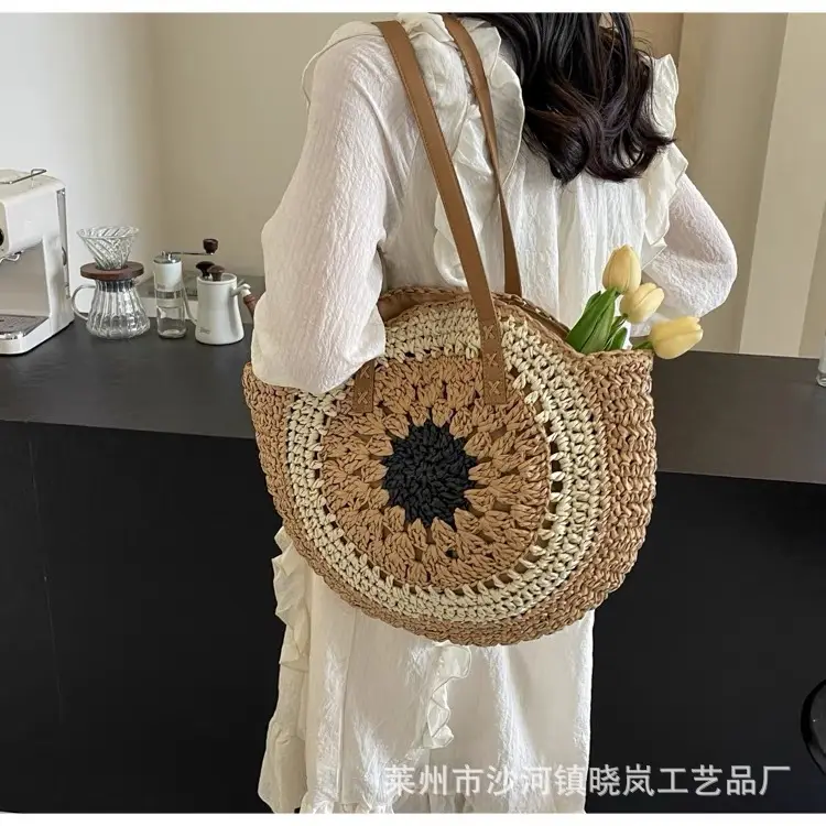 2024 Paper Rope Hollow Colorful Large Round Straw Woven Beach Bag — feature 24