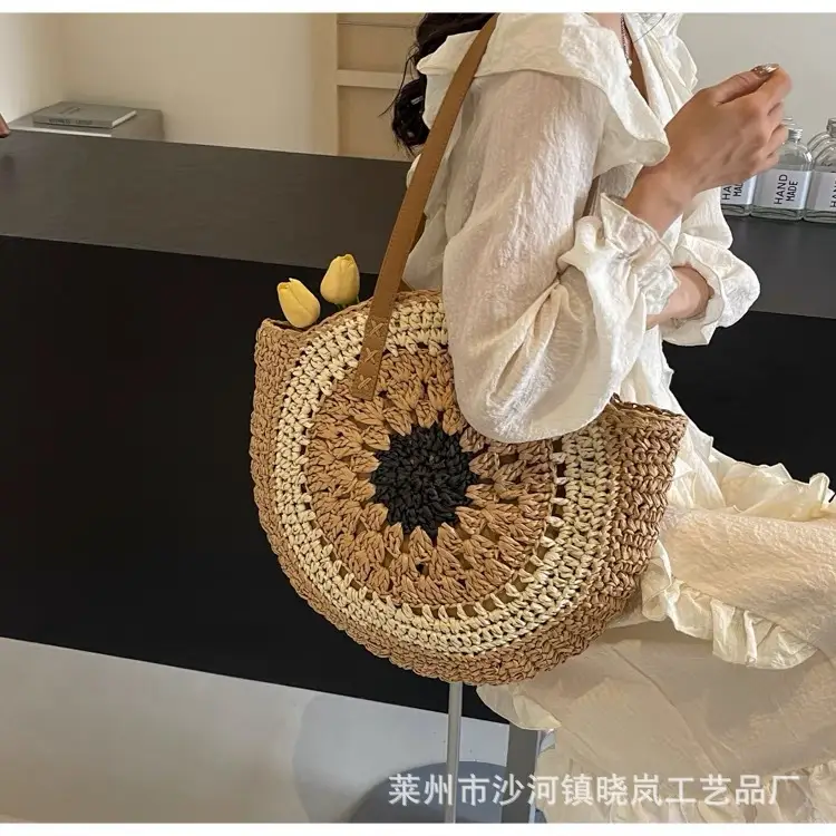 2024 Paper Rope Hollow Colorful Large Round Straw Woven Beach Bag — feature 25