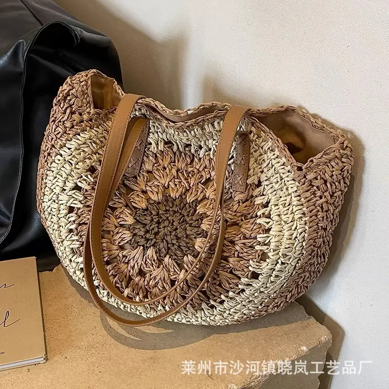 2024 Paper Rope Hollow Colorful Large Round Straw Woven Beach Bag - Image 2
