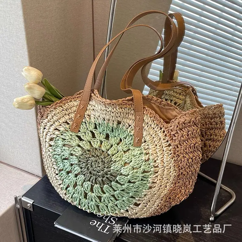 2024 Paper Rope Hollow Colorful Large Round Straw Woven Beach Bag - Image 3