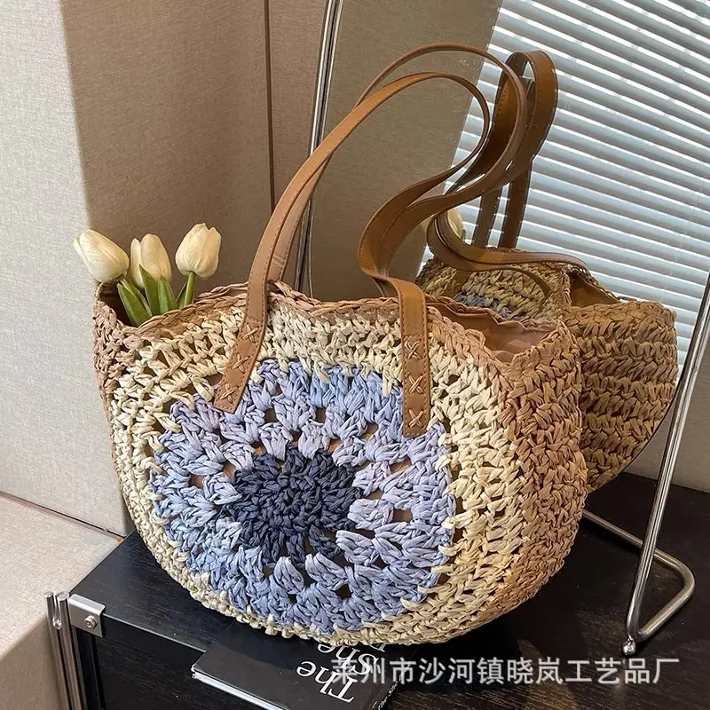 2024 Paper Rope Hollow Colorful Large Round Straw Woven Beach Bag - Image 4