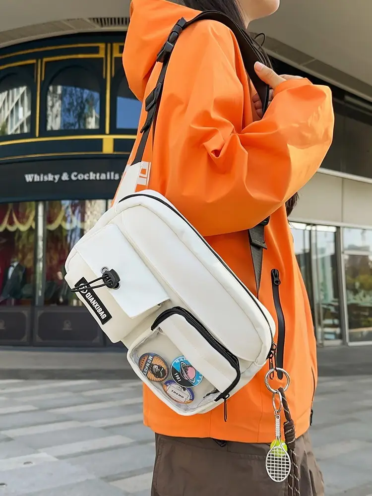 Women Crossbody Bag Orange White Canvas Large Capacity
