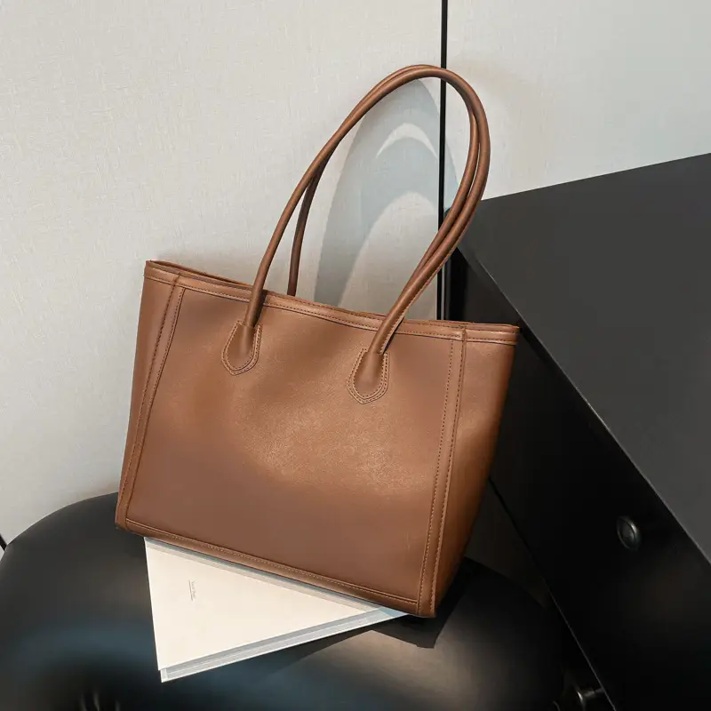 Retro Korean Style Textured Shoulder Tote Bag Brown - Image 5