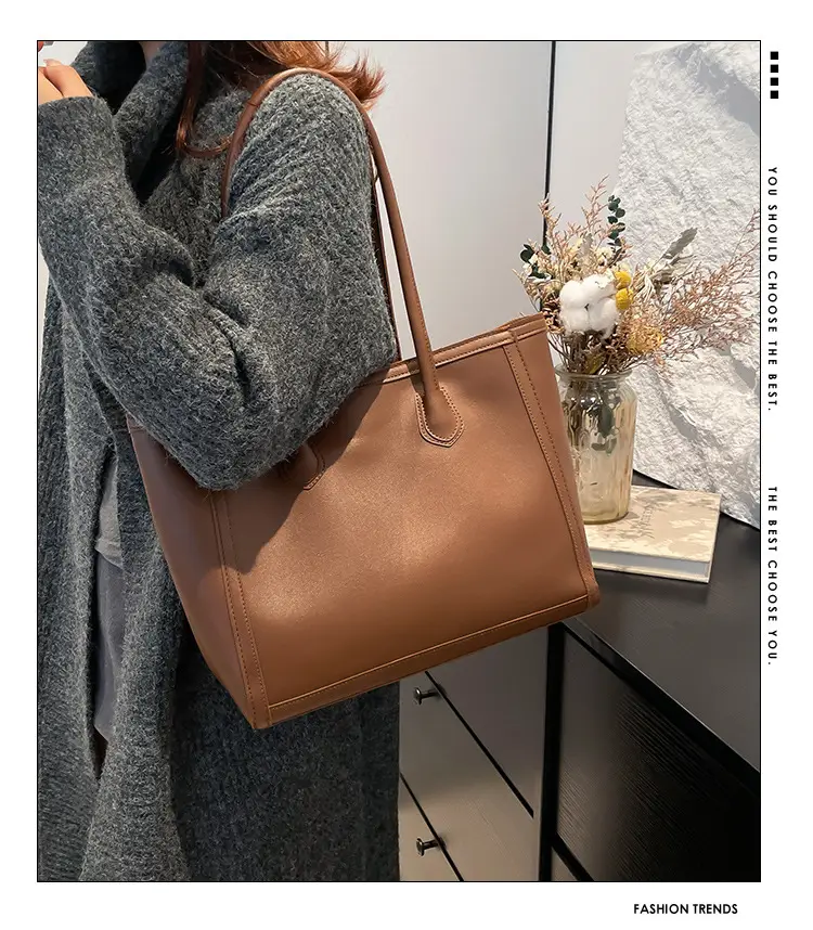 Retro Korean Style Textured Shoulder Tote Bag Brown — feature 2