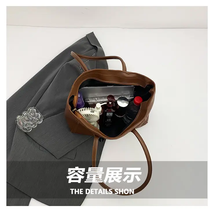 Retro Korean Style Textured Shoulder Tote Bag Brown — feature 6