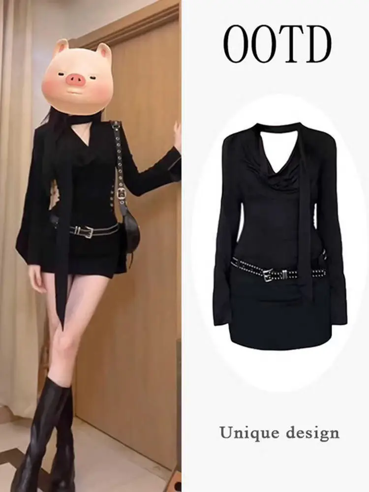Pure Lust Black Long Sleeve Dress Belt Slim Fit Women Spring Fall — feature 2