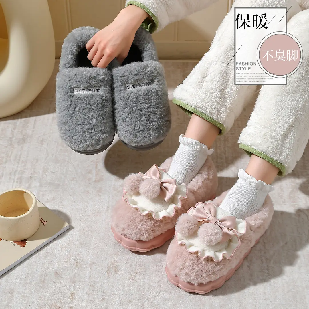 Cotton slippers women's autumn and winter indoor home non-slip fleece-lined warm moon shoes bag heel wool plush cotton shoes women's - Image 5