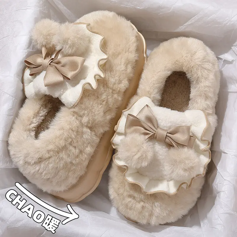 Cotton slippers women's autumn and winter indoor home non-slip fleece-lined warm moon shoes bag heel wool plush cotton shoes women's - Image 2