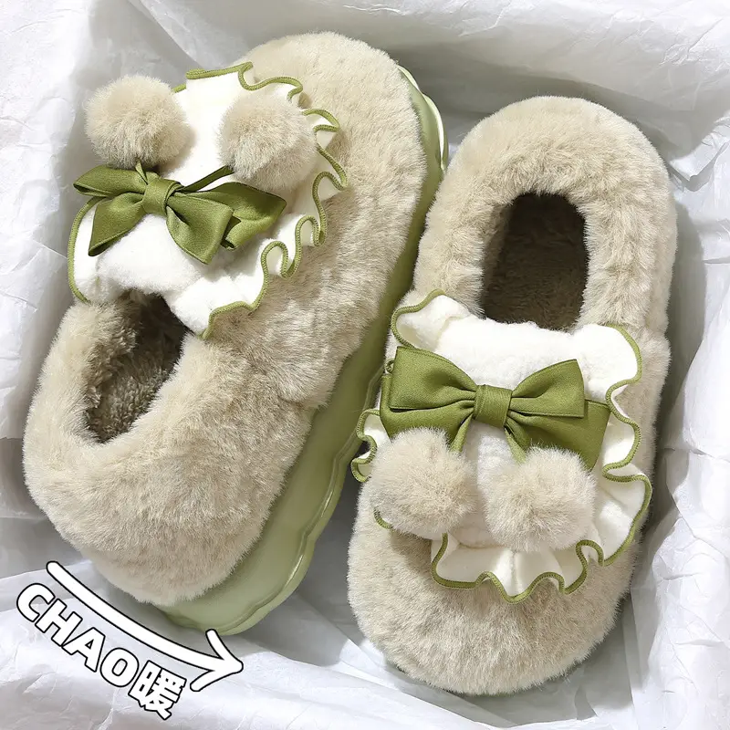 Cotton slippers women's autumn and winter indoor home non-slip fleece-lined warm moon shoes bag heel wool plush cotton shoes women's - Image 3