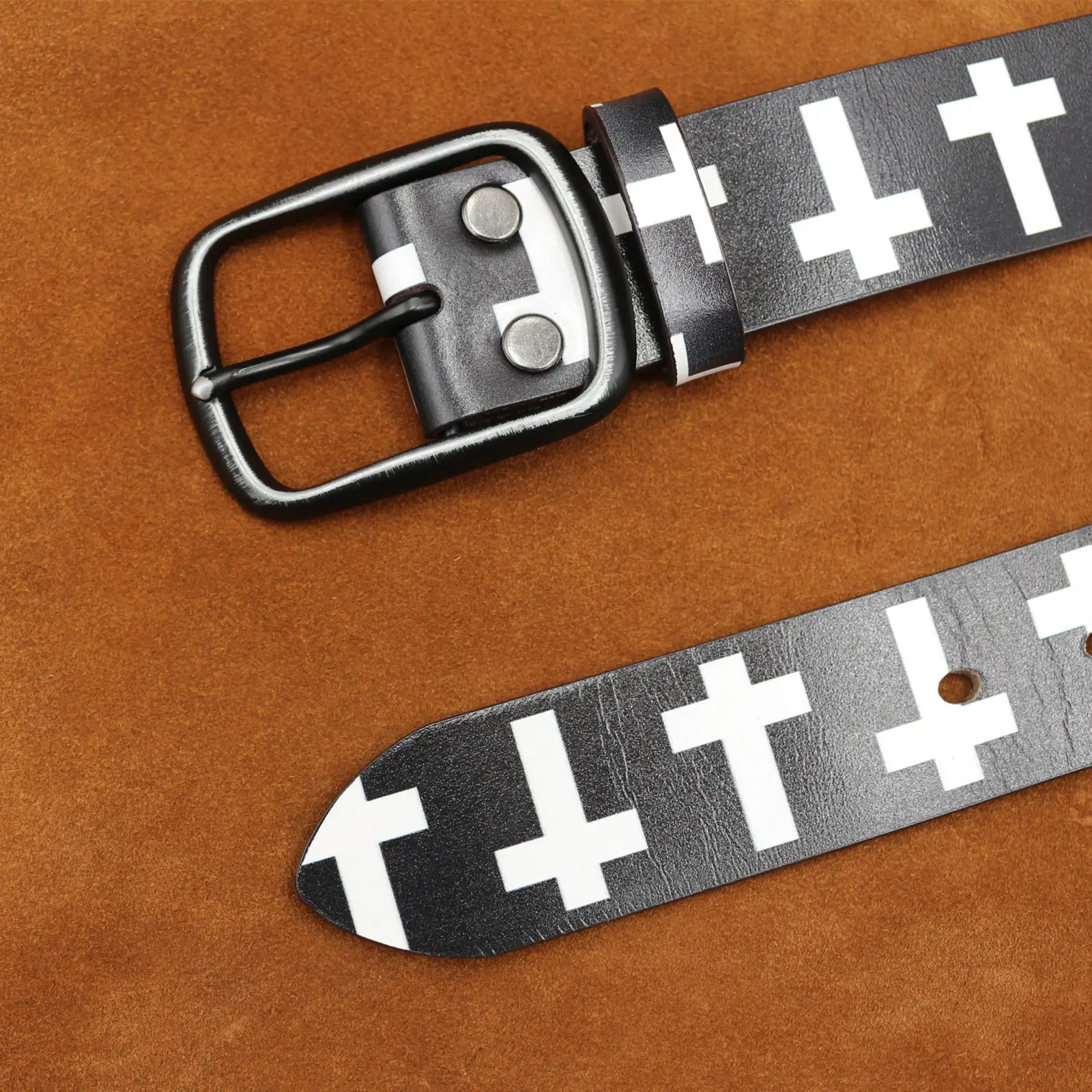 Black Cross Print Genuine Cowhide Belt