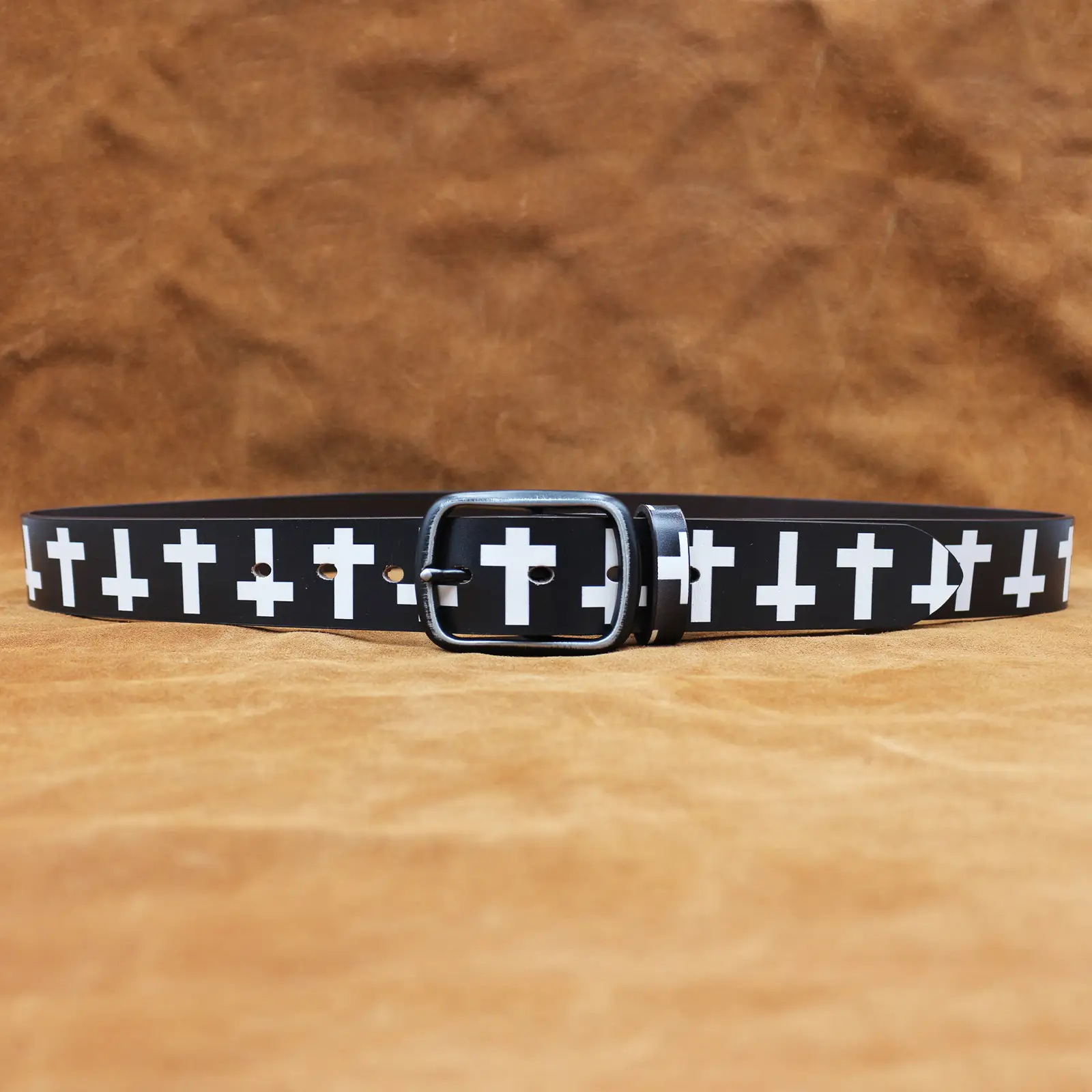 Black Cross Print Genuine Cowhide Belt — feature 6