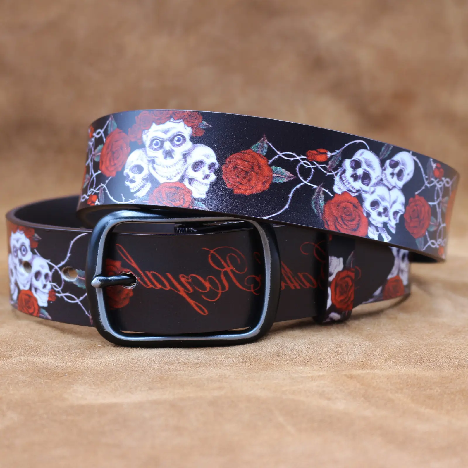 Vintage Skull Rose Printed Belt for Men - Image 3