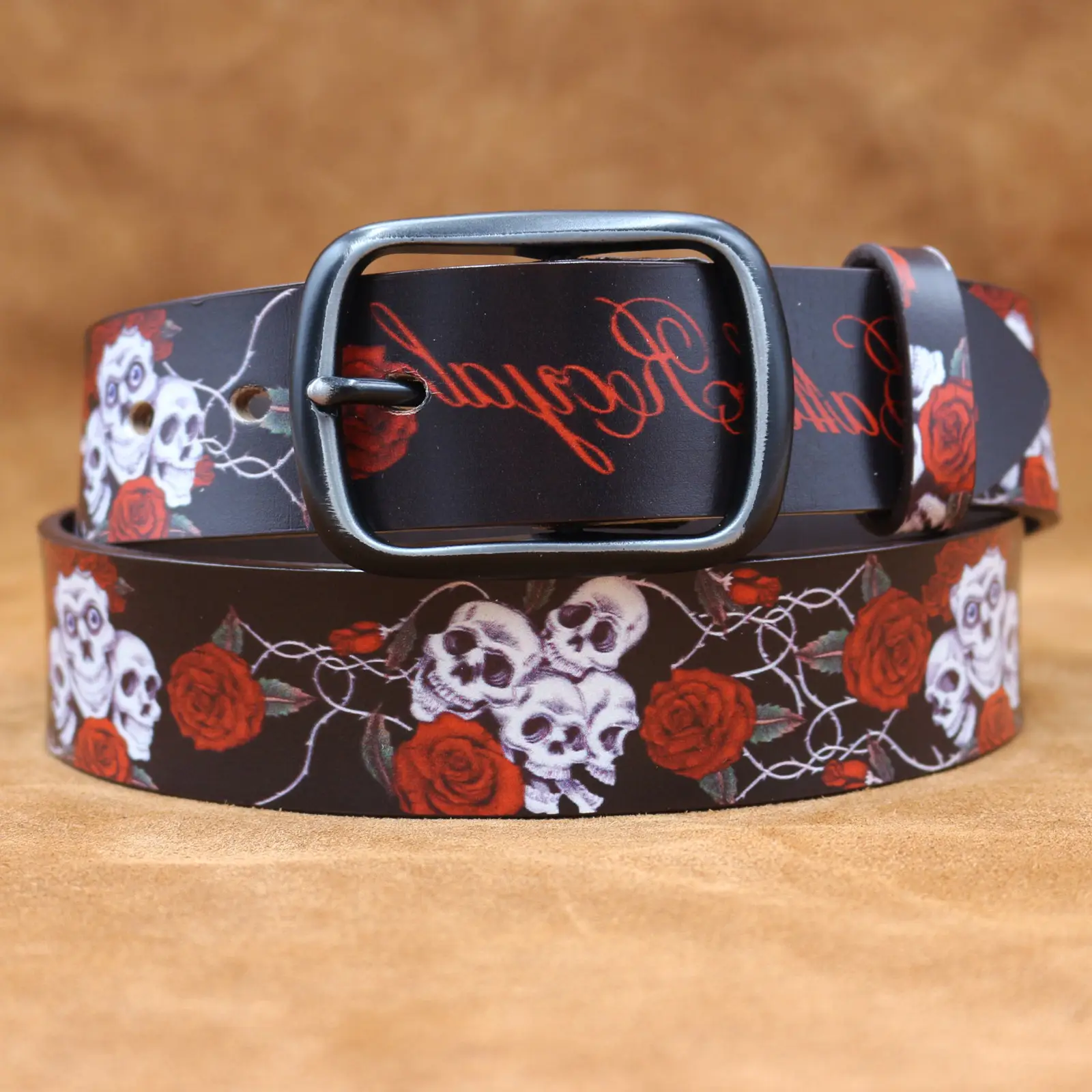 Vintage Skull Rose Printed Belt for Men - Image 4