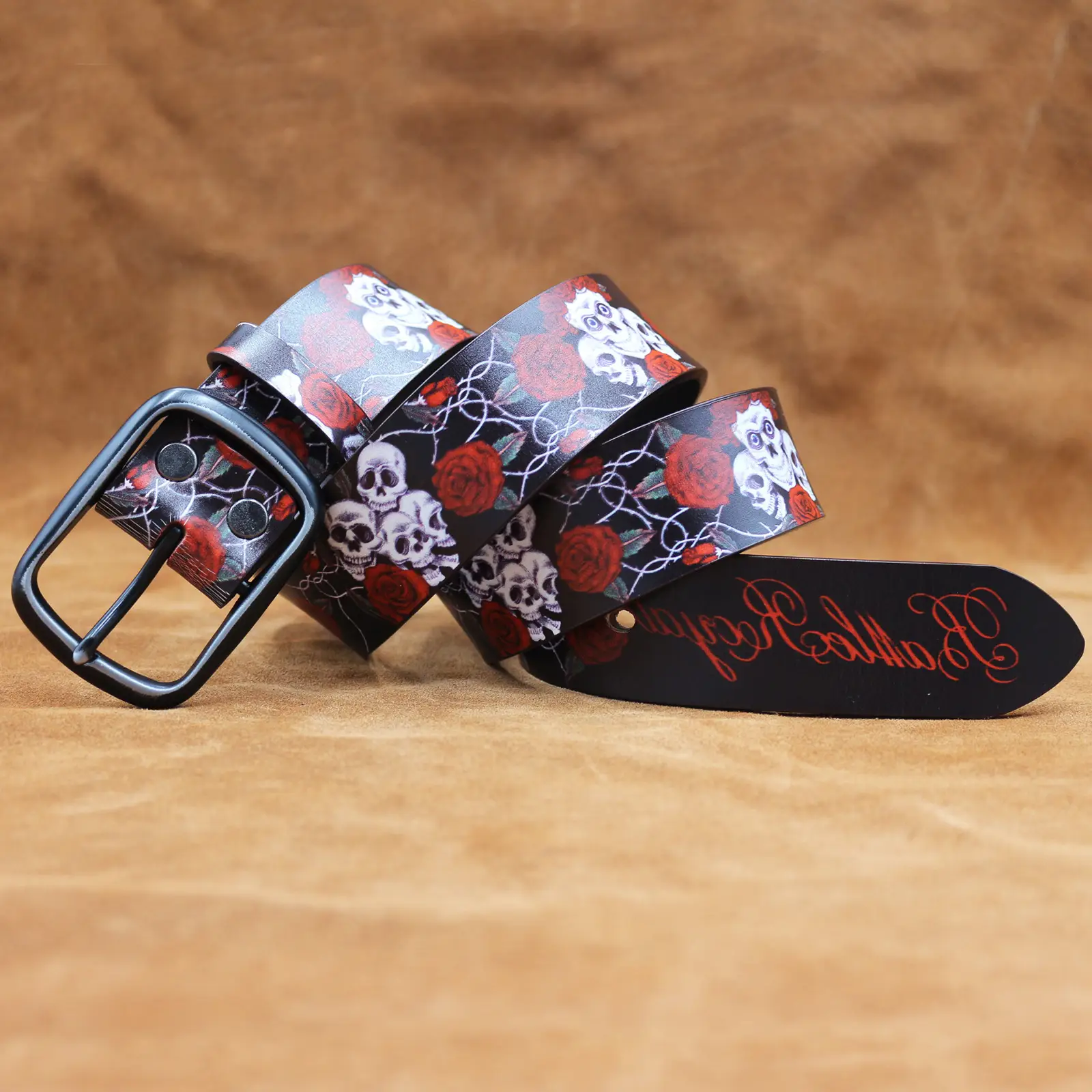 Vintage Skull Rose Printed Belt for Men - Image 5