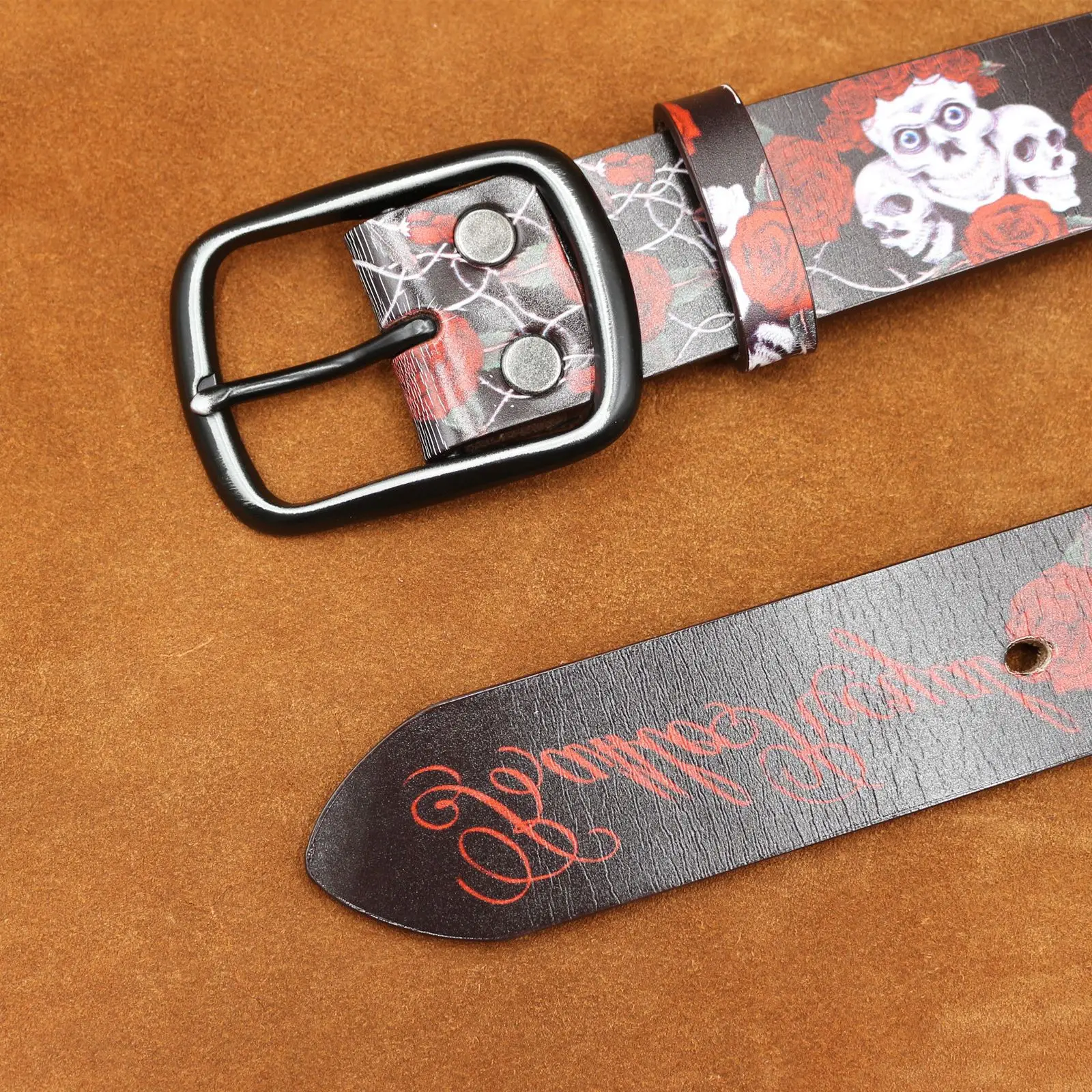 Vintage Skull Rose Printed Belt for Men - Image 6