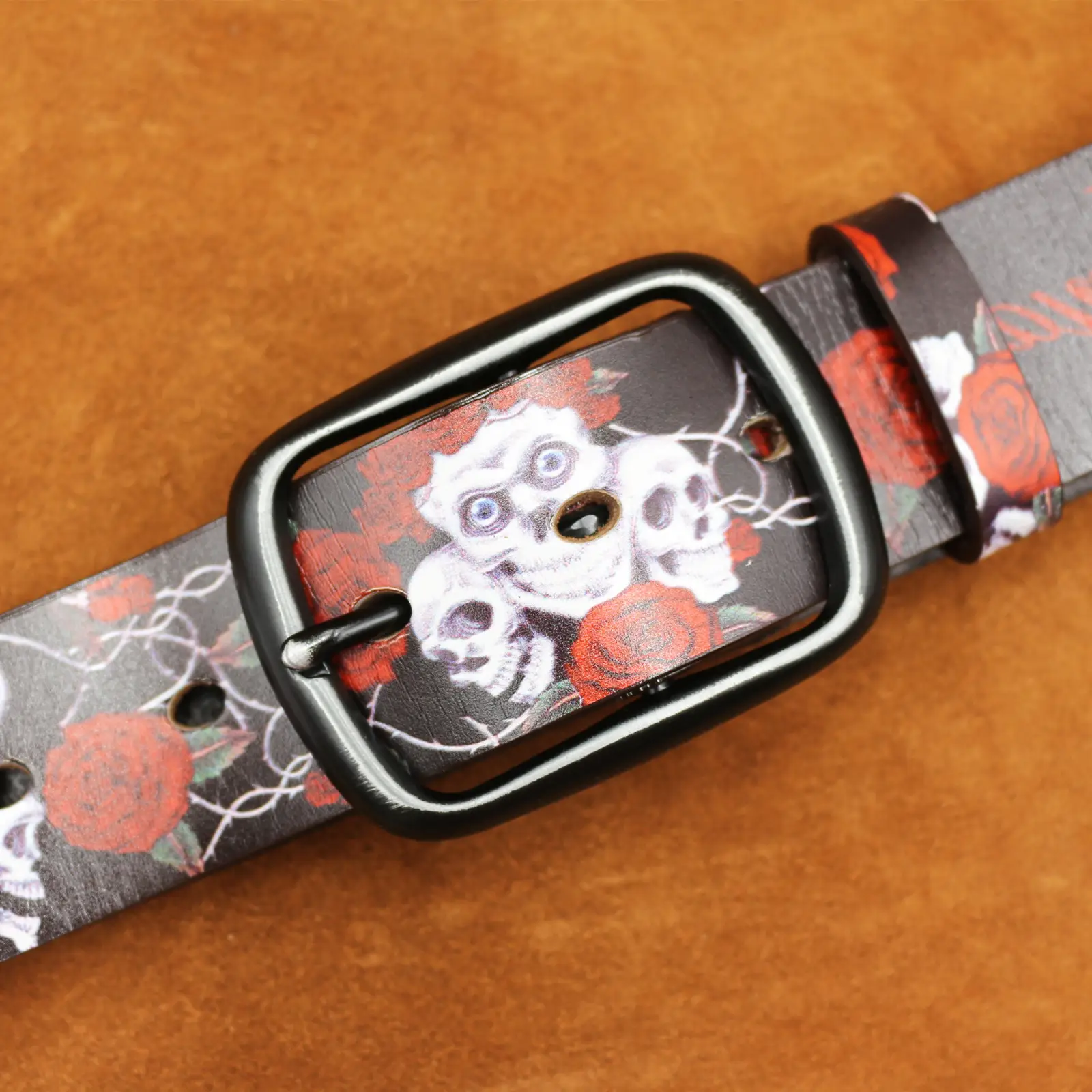 Vintage Skull Rose Printed Belt for Men — feature 7