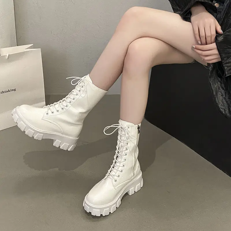 Small Height Increasing Martin Boots British Style High-top Women's Shoes 2024 Spring and Autumn Thick Single Boots White Middle Boots - Image 3
