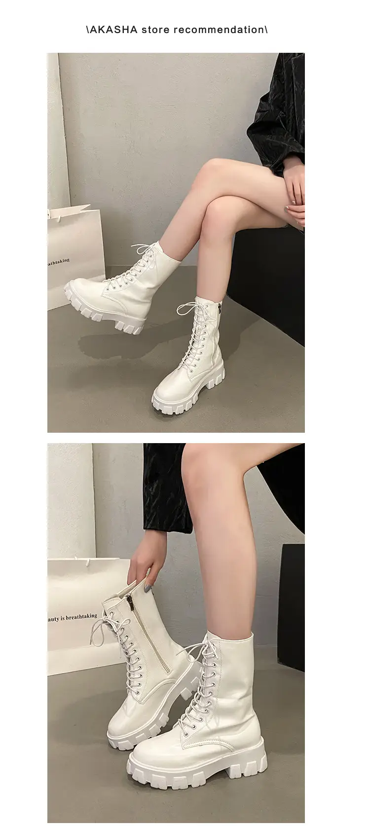 Small Height Increasing Martin Boots British Style High-top Women's Shoes 2024 Spring and Autumn Thick Single Boots White Middle Boots — feature 12