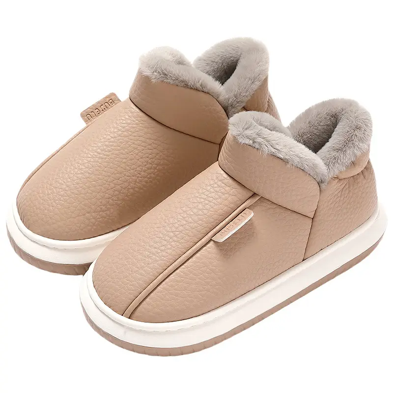 Waterproof Cotton Slippers Women's Winter 2024 New Home Indoor Thick Bottom fleece-lined Warm PU High-top Cotton Shoes for Men - Image 8