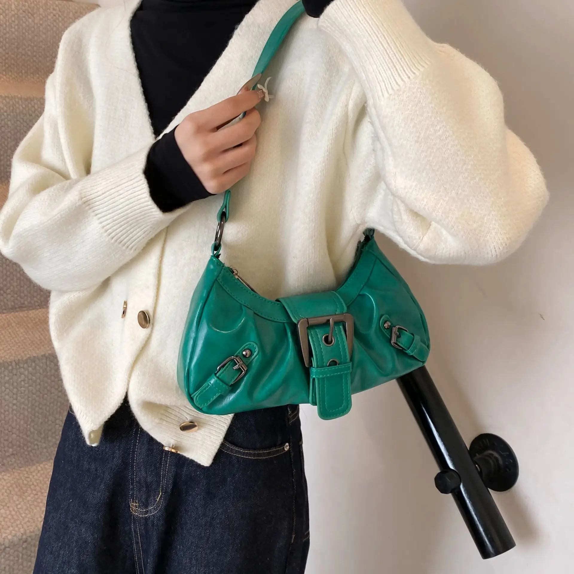 Green Women's Shoulder Bag with Belt Buckle - Image 6