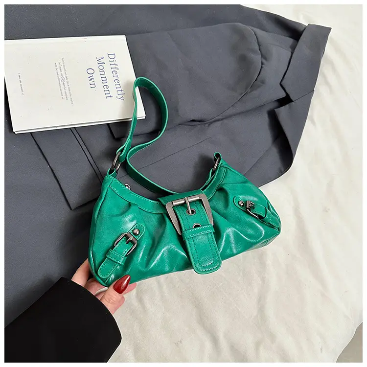 Green Women's Shoulder Bag with Belt Buckle - Image 2