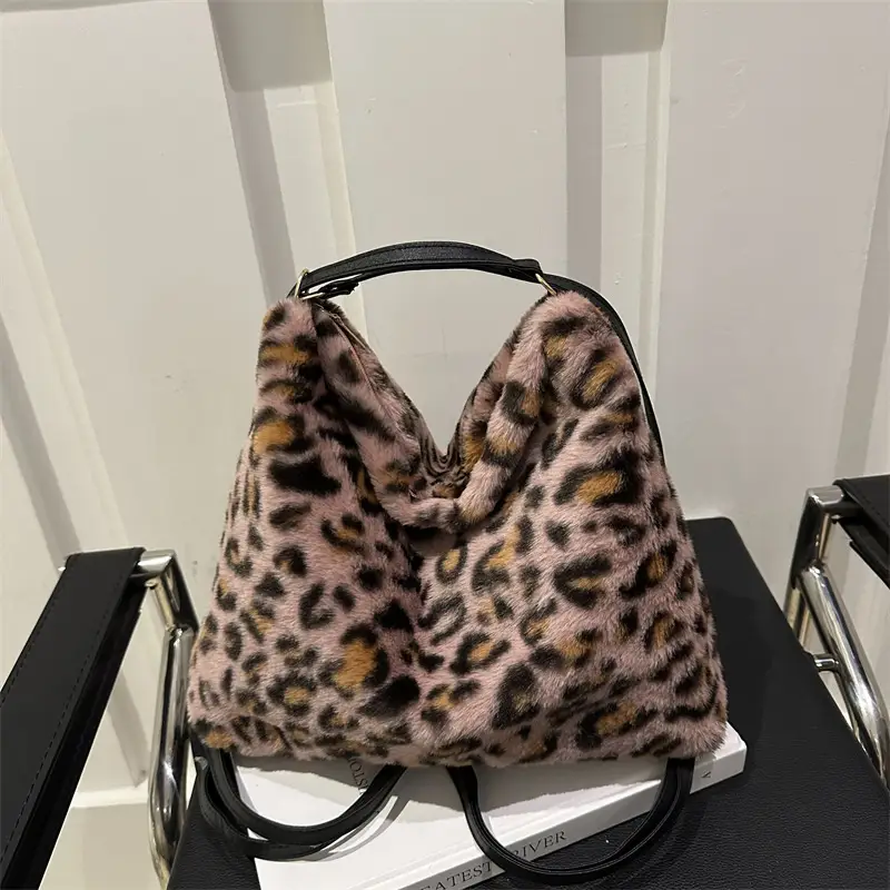 Leopard Print Plush Shoulder Bag Women Large Capacity - Image 2
