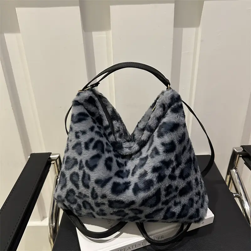Leopard Print Plush Shoulder Bag Women Large Capacity - Image 3