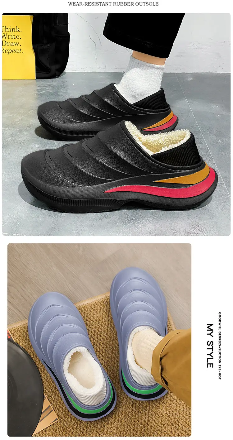 Northeast Cotton Slippers Men's Winter Home Non-Slip Waterproof Thick Sole fleece-lined Thickened Warm Toe Cotton Shoes — feature 12