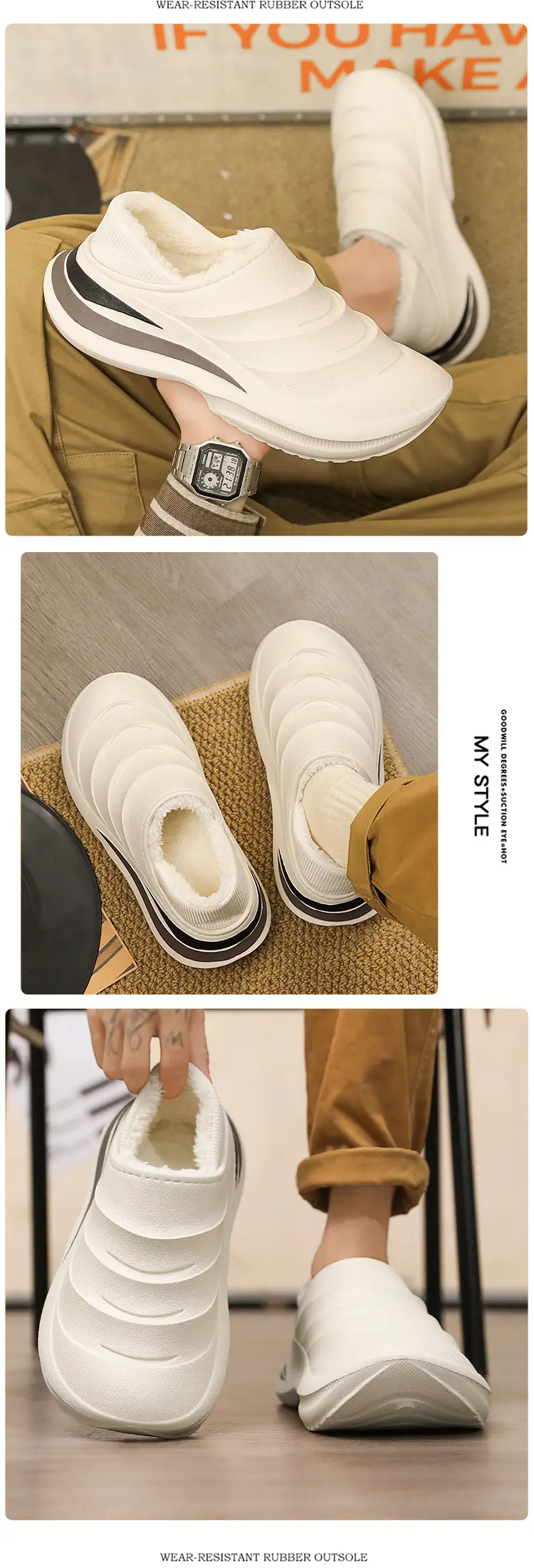 Northeast Cotton Slippers Men's Winter Home Non-Slip Waterproof Thick Sole fleece-lined Thickened Warm Toe Cotton Shoes — feature 14