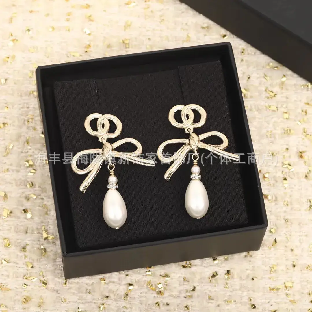 Double C Earrings Pearl Bow High End 925 Gold - Image 59