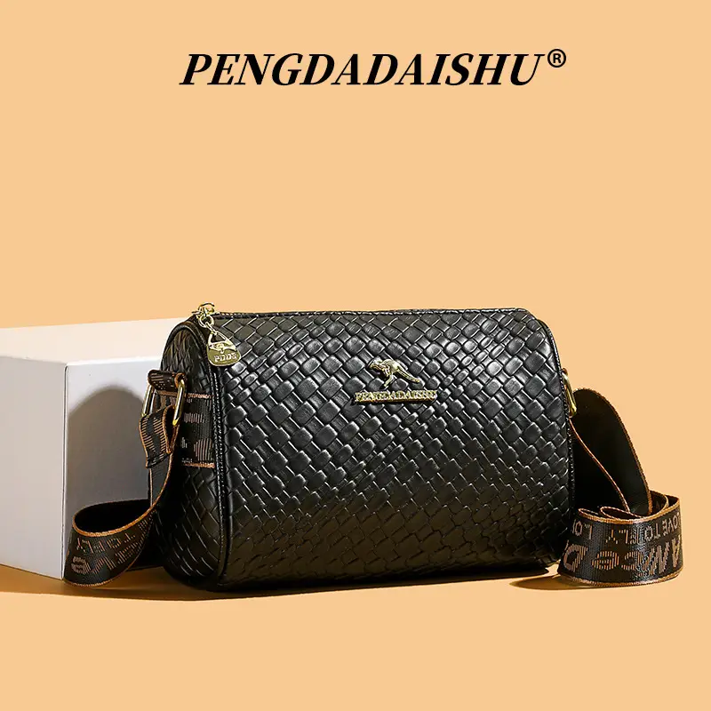 Black Woven Textured Shoulder Bag with Gold Plated Handle - Image 3