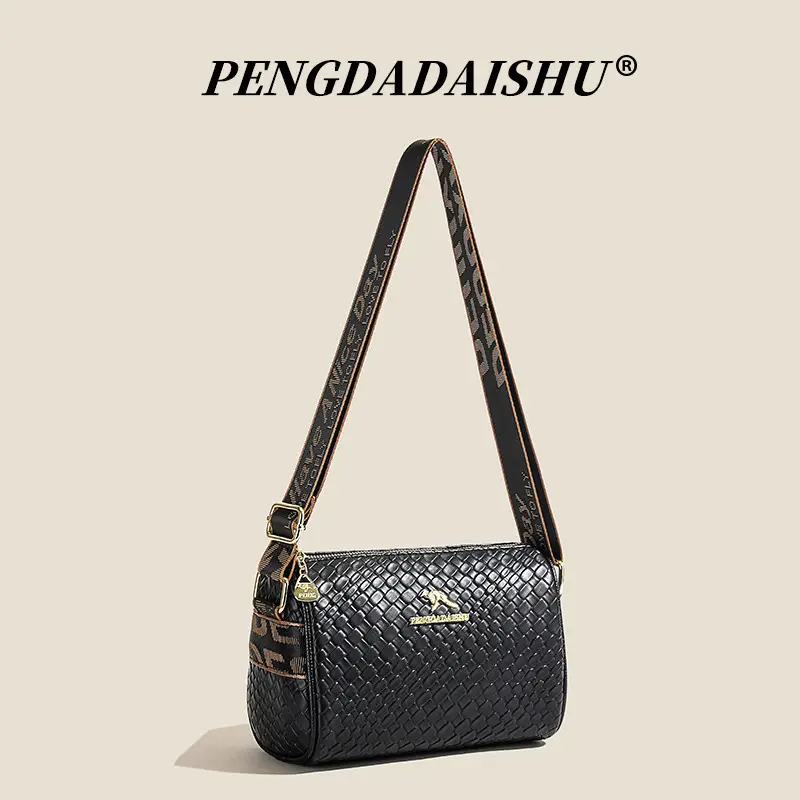 Black Woven Textured Shoulder Bag with Gold Plated Handle - Image 5