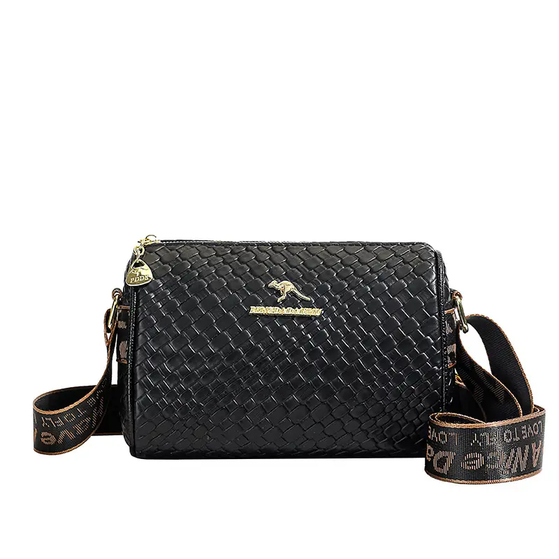 Black Woven Textured Shoulder Bag with Gold Plated Handle - Image 6