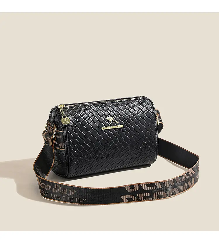 Black Woven Textured Shoulder Bag with Gold Plated Handle — feature 11