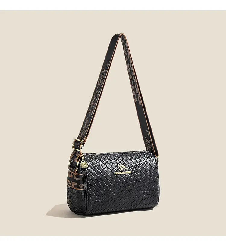 Black Woven Textured Shoulder Bag with Gold Plated Handle — feature 12