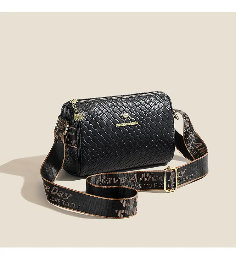 Black Woven Textured Shoulder Bag with Gold Plated Handle — feature 9
