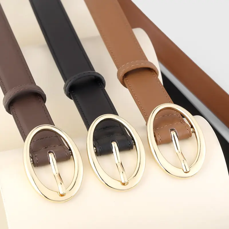 Oval Buckle Leather Belt for Women in Brown Black Brown