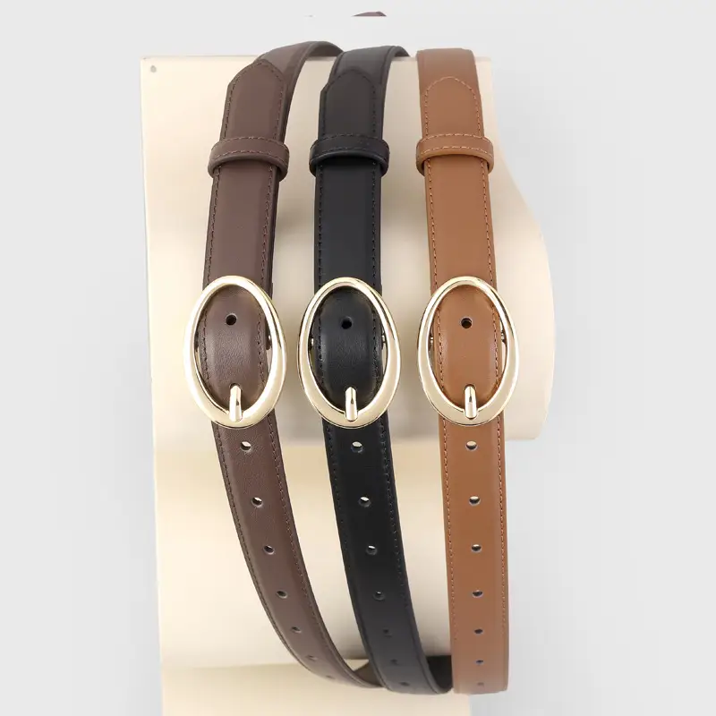 Oval Buckle Leather Belt for Women in Brown Black Brown