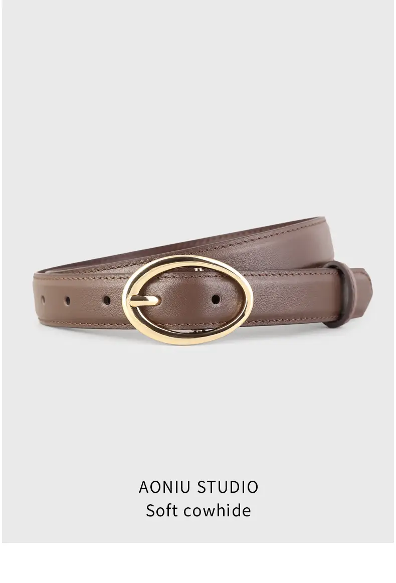 Oval Buckle Leather Belt for Women in Brown Black Brown — feature 13