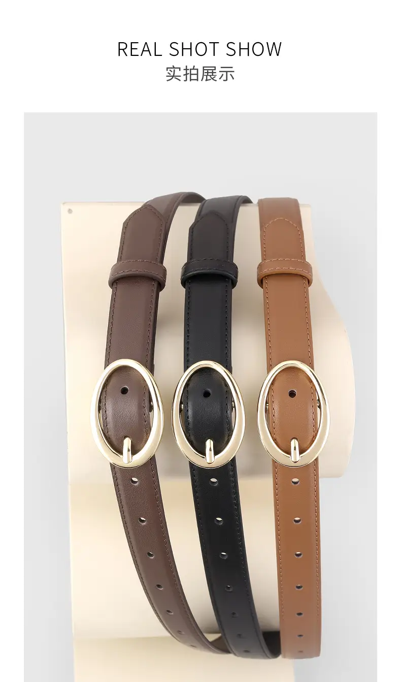 Oval Buckle Leather Belt for Women in Brown Black Brown — feature 14