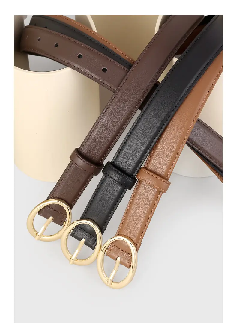 Oval Buckle Leather Belt for Women in Brown Black Brown — feature 15
