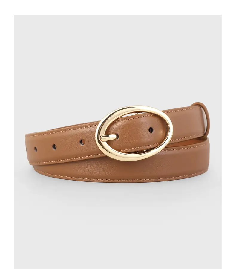 Oval Buckle Leather Belt for Women in Brown Black Brown — feature 18