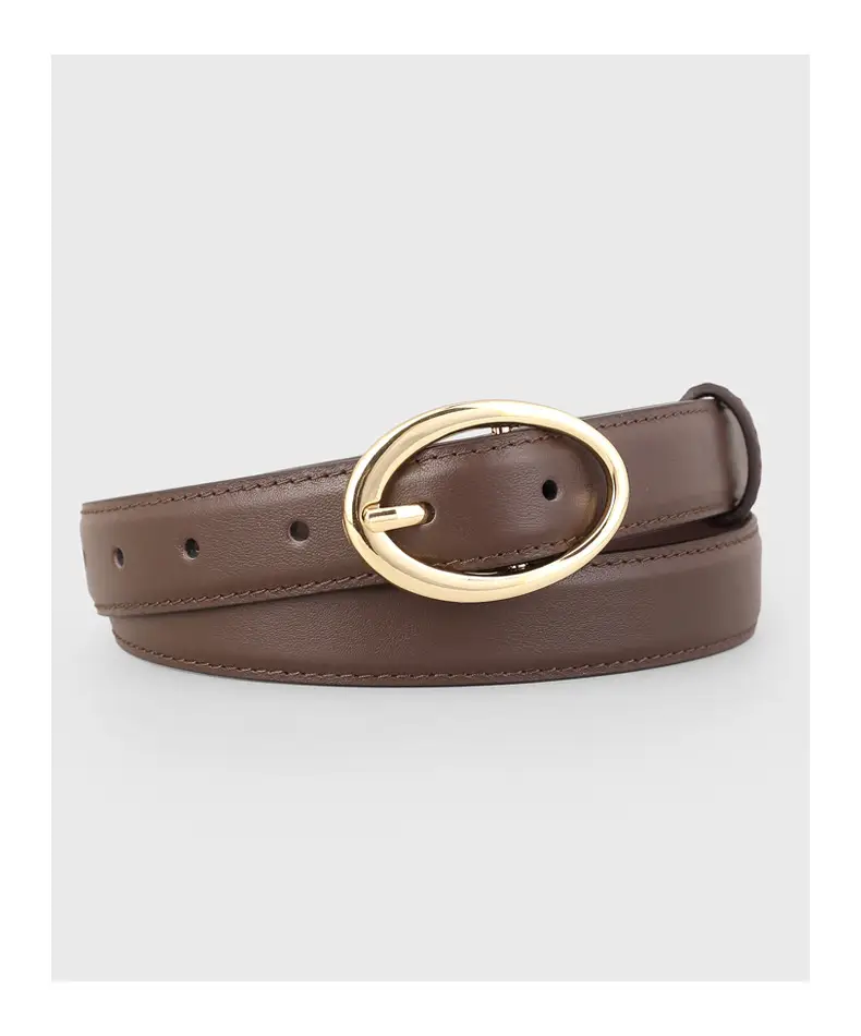 Oval Buckle Leather Belt for Women in Brown Black Brown — feature 19