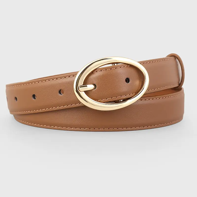 Oval Buckle Leather Belt for Women in Brown Black Brown