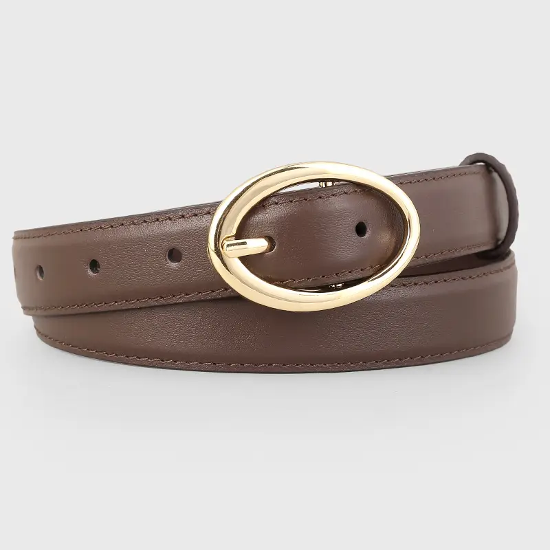 Oval Buckle Leather Belt for Women in Brown Black Brown