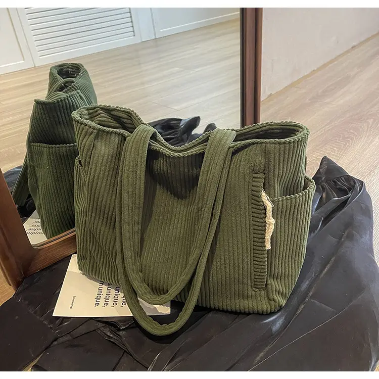 Green Corduroy Tote Bag for Women Cross Border Trade Student Commuter — feature 15