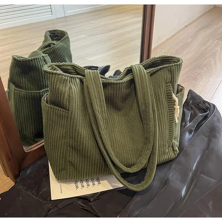 Green Corduroy Tote Bag for Women Cross Border Trade Student Commuter — feature 16