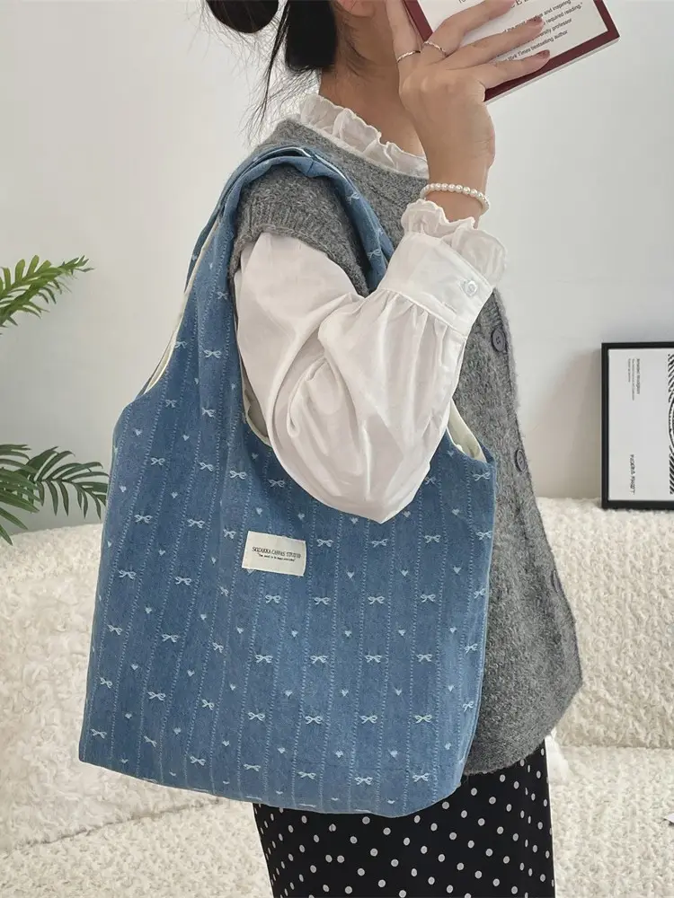 Denim Bow Vial Bag Large Capacity Female Student Book Bag - Image 4