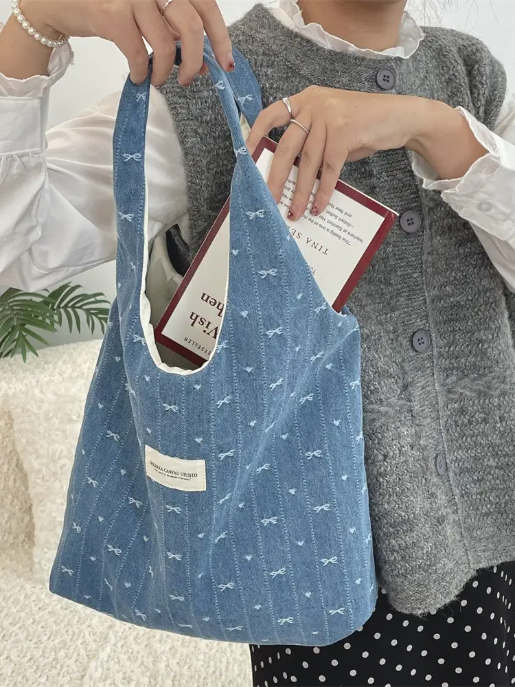 Denim Bow Vial Bag Large Capacity Female Student Book Bag - Image 5