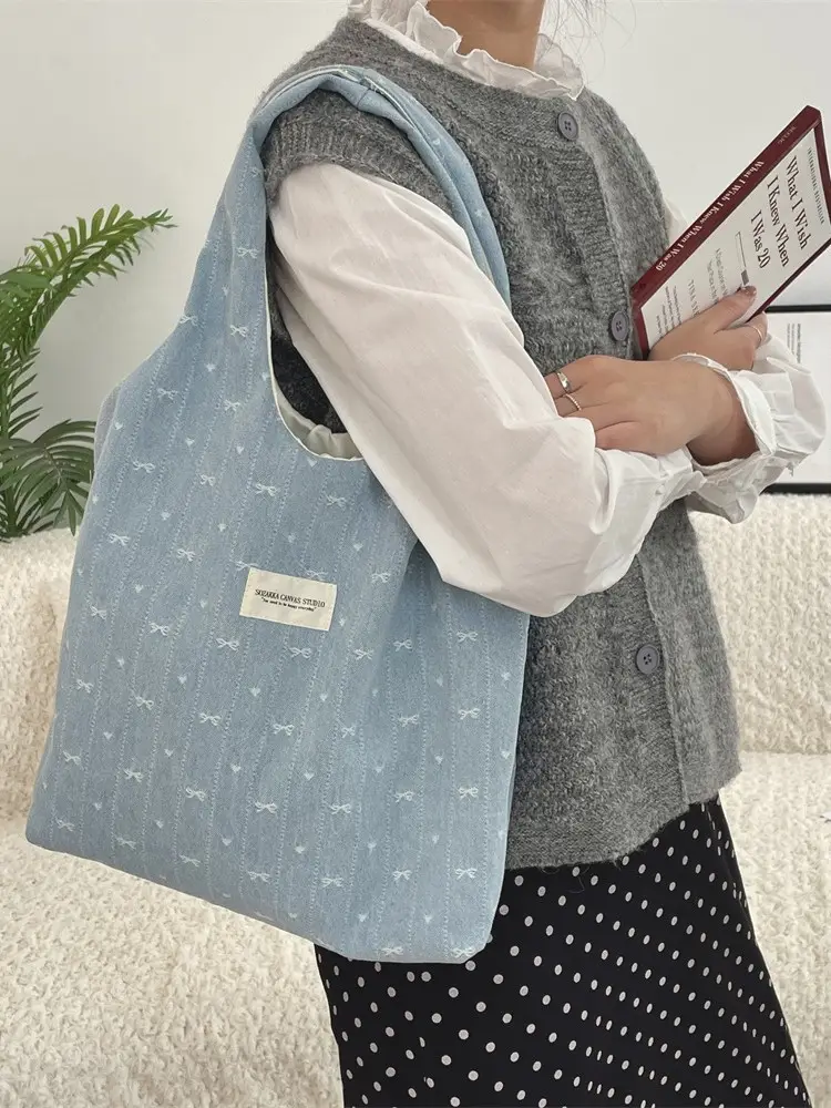 Denim Bow Vial Bag Large Capacity Female Student Book Bag - Image 6